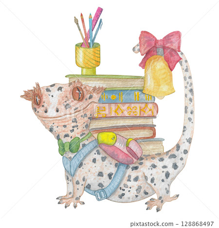 Crested gecko with books Watercolor School Illustration Crested gecko with books Watercolor School Illustration 128868497