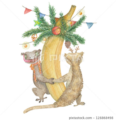 Crested gecko with banana Happy New Year Watercolor Illustration 128868498