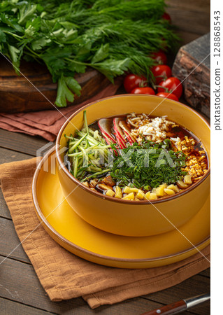 Okroshka soup with kvass and vegetables Okroshka soup with kvass and vegetables 128868543