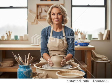 Female making handmade vase in pottery workshop interior. Female making handmade vase in pottery workshop interior. 128868689