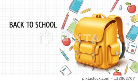 Yellow backpack on light background. Back to school concept Yellow backpack on light background. Back to school concept 128868707