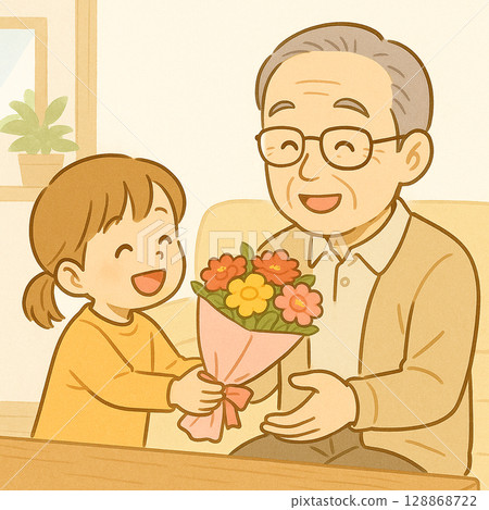 Grandson giving a bouquet on Respect for the Aged Day 128868722