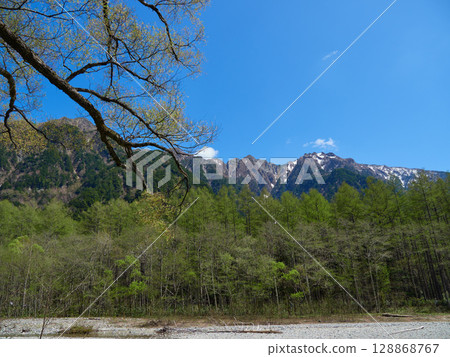 Scenery of the Hotaka mountain range and forest along the Azusa River in Kamikochi, a tourist attraction in early summer Scenery of the Hotaka mountain range and forest along the Azusa River in Kamikochi, a tourist attraction in early summer 128868767