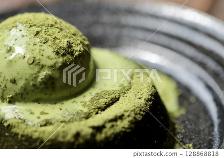 Matcha ice cream on top of matcha warabi mochi 128868818