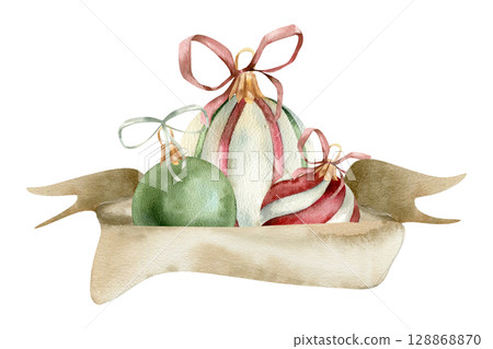 Christmas decoration watercolor illustration with vintage striped balls decorated with paper banner with copy space. Hand drawn New Year festive clipart for poster, greeting card,web design 128868870