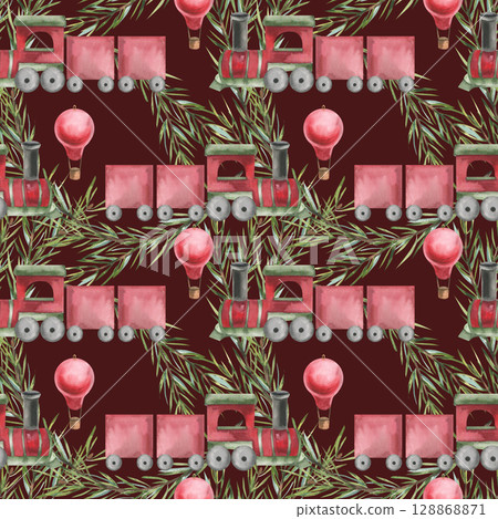 Christmas vintage seamless pattern on dark with retro red train, evergreen spruce branches and red balloon watercolor illustration.New year and winter festive background for textile,fabric design 128868871