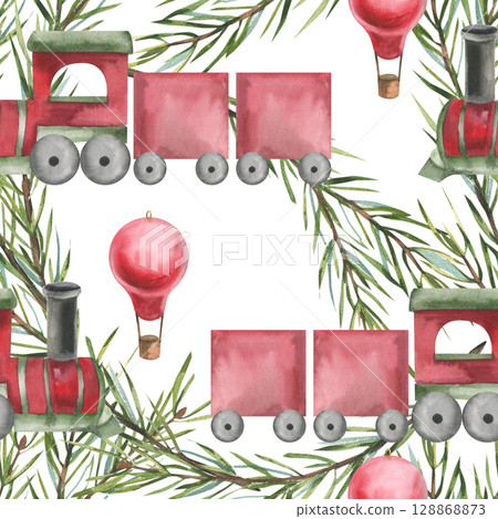 Christmas vintage seamless pattern with retro red train, evergreen spruce branches and red balloon watercolor illustration. Hand drawn New year and winter festive background for textile,fabric design Christmas vintage seamless pattern with retro red train, evergreen spruce branches and red balloon watercolor illustration. Hand drawn New year and winter festive background for textile,fabric design 128868873