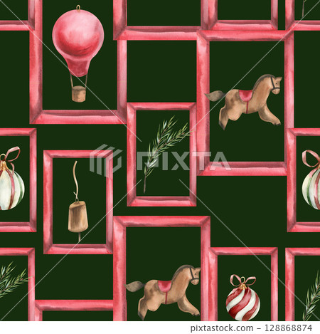 Vintage Christmas ornament with watercolor horse wooden toy,striped retro decorations for Christmas tree,spruce and golden bell illustration. Hand drawn New year festive background for wrapping 128868874