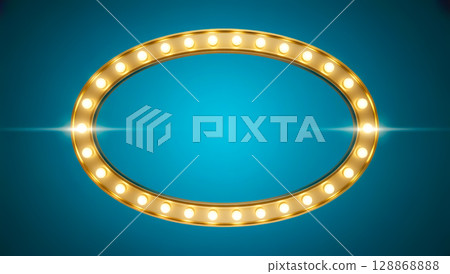 Oval Retro Light Frame for Presentation With Glowing Bulbs On Blue Gradient Background. Concept Of Vintage Show Sign, Blog Header Template, Promo Design, And Background For Classic Entertainment Style 128868888
