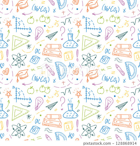Seamless pattern with hand-drawn school supplies. Chemistry, geometry, and physics in doodle style. Education concept - Back to school. Colorful outline doodles. 128868914