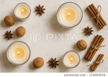 Cozy Flat Lay with Candles, Walnuts and Spices Cozy Flat Lay with Candles, Walnuts and Spices 128869038