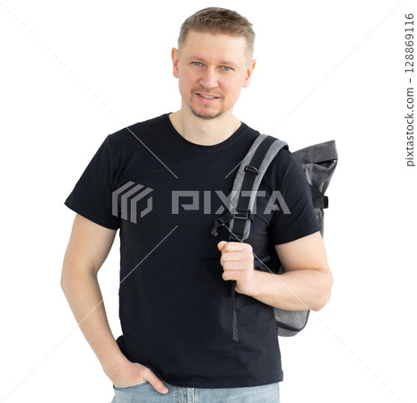 Smiling Man With A Backpack Wearing Casual Clothes Isolated On A White Background 128869116