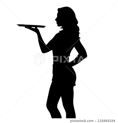 Silhouette of a woman holding a tray - Image of a glamorous waitress in the service industry such as a restaurant or hotel 128869284