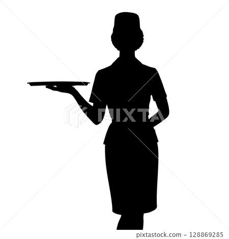 Silhouette of a woman holding a tray - Image of a glamorous waitress in the service industry such as a restaurant or hotel Silhouette of a woman holding a tray - Image of a glamorous waitress in the service industry such as a restaurant or hotel 128869285