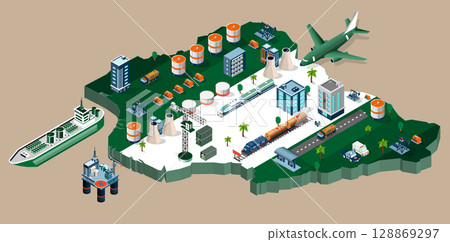 Nigeria oil and gas industry concept with Offshore crude extraction, transportation, refinery plant, fuel tanker ship rail tanks. 128869297