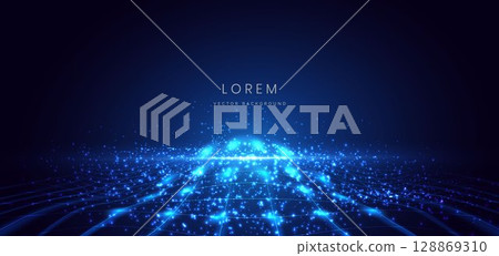 Scene glownig blue light with lighting effect and sparkle on dark blue background. Scene glownig blue light with lighting effect and sparkle on dark blue background. 128869310