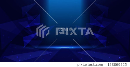 Abstract technology futuristic glowing triangle neon blue light ray on dark blue background. Abstract technology futuristic glowing triangle neon blue light ray on dark blue background. 128869325