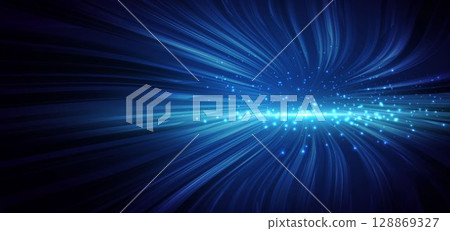 Blue glowing wave lines swril circles with lighting effect and sparkle on dark blue background. Blue glowing wave lines swril circles with lighting effect and sparkle on dark blue background. 128869327