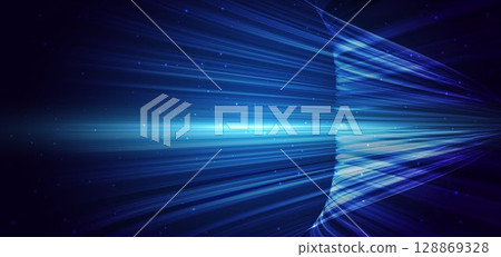 Futuristic speed lines curved on dark blue background with lighting effec. Motion movement concept. 128869328