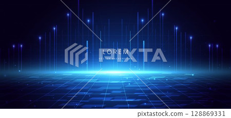 Scene glownig blue light with lighting effect and sparkle on dark blue background. 128869331