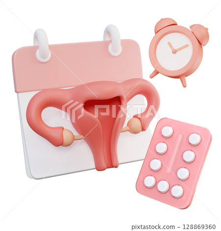 cartoon style Menstrual cycle with calendar and alarm clock 3D graphic 128869360