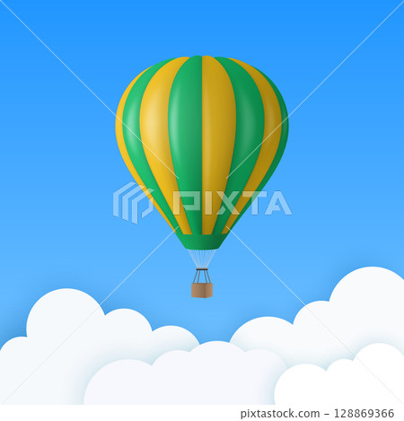 Vector Travel Banner with 3d Realistic Hot Air Balloon Icon on a Blue Sky Background. Design Template, Summer Vacation, Travelling, Tourism and Journey Concept 128869366
