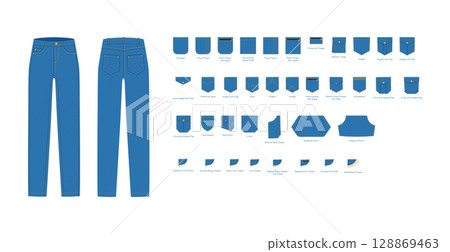 Set of Jeans with pockets - Denim technical fashion illustration with Patch, Rounded, traditional Kangaroo angled 5, Set of Jeans with pockets - Denim technical fashion illustration with Patch, Rounded, traditional Kangaroo angled 5, 128869463