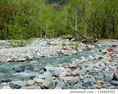 Spring tourist attraction: Kamikochi mountain stream and fresh green forest scenery 128869565