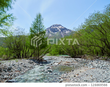 Spring tourist attraction: Mount Yake, Azusa River, and the fresh green forest scenery of Kamikochi 128869566