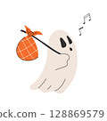 A cute ghost walking with a bundle on a stick over its shoulder, humming a tune with floating musical notes. Fun character perfect for Halloween designs, greeting cards, and seasonal decorations. 128869579