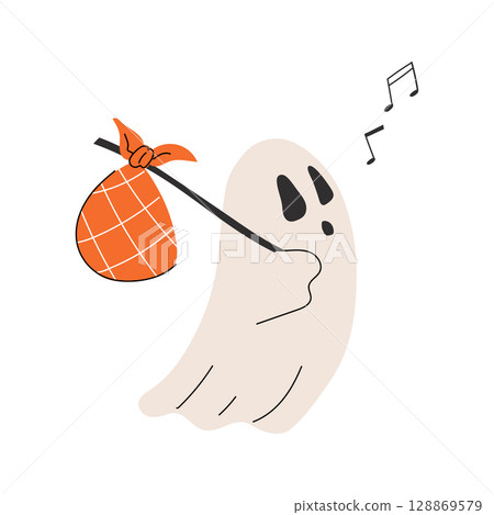 A cute ghost walking with a bundle on a stick over its shoulder, humming a tune with floating musical notes. Fun character perfect for Halloween designs, greeting cards, and seasonal decorations. A cute ghost walking with a bundle on a stick over its shoulder, humming a tune with floating musical notes. Fun character perfect for Halloween designs, greeting cards, and seasonal decorations. 128869579