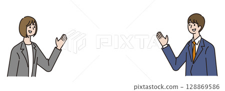 一位身穿西裝的年輕女子和一位身穿西裝的青年男子，可用於標題周圍 128869586