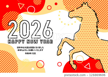 2026 匹馬年即用型新年賀卡材質 馬 時尚幾何圖案 馬剪影 復古風格 128869606