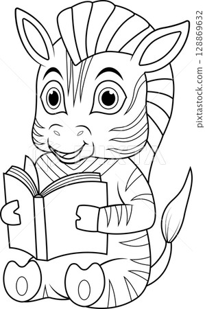 Cute cartoon zebra reading a book line art Cute cartoon zebra reading a book line art 128869632