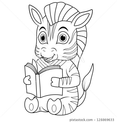 Cute cartoon zebra reading a book line art Cute cartoon zebra reading a book line art 128869633