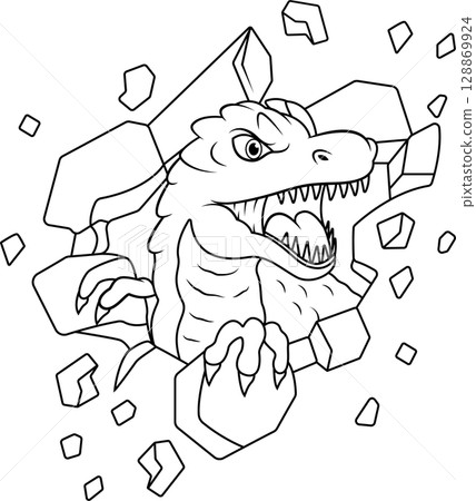 Tyrannosaurus cartoon breaking wall line art Tyrannosaurus cartoon breaking wall line art 128869924