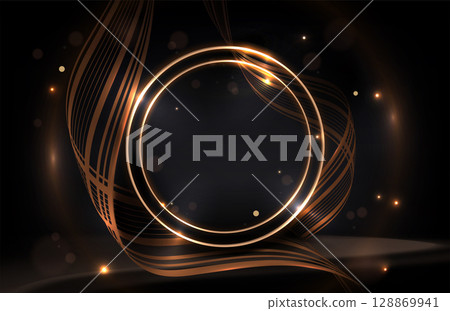 Composition with a podium and a round gold frame on a black background 128869941