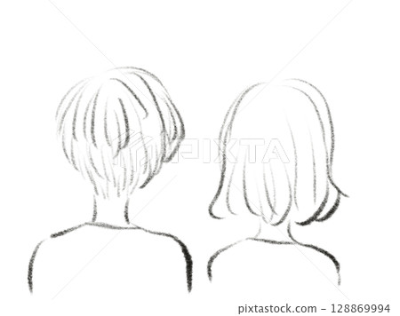 Line drawing of a person with short hair and perm bob, from the back, upper body Line drawing of a person with short hair and perm bob, from the back, upper body 128869994