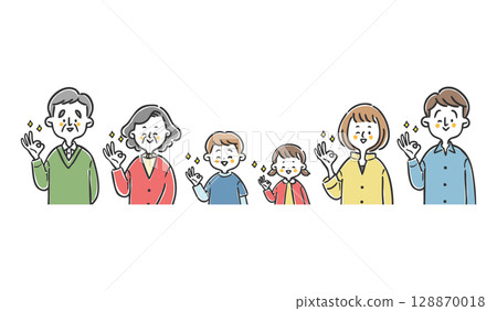 三代家庭做出 OK 手勢,上半身,向量 三代家庭做出 OK 手勢,上半身,向量 128870018