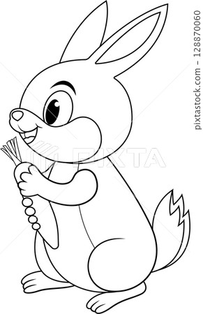 Cartoon rabbit holding carrot with smile line art Cartoon rabbit holding carrot with smile line art 128870060
