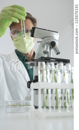 Male scientist wearing green protective gloves and mask is looking at green plant in test tube near a microscope, petri dishes during a laboratory research. Medicine, healthcare and science concept Male scientist wearing green protective gloves and mask is looking at green plant in test tube near a microscope, petri dishes during a laboratory research. Medicine, healthcare and science concept 128870191