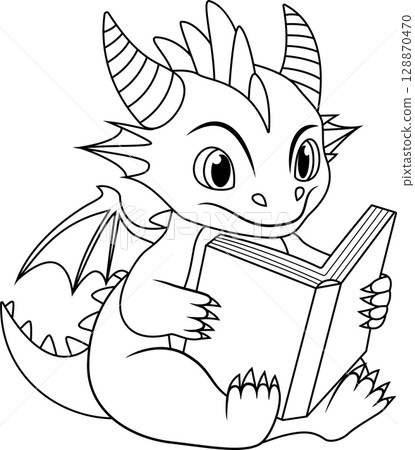 A cartoon of a dragon reading a book line art A cartoon of a dragon reading a book line art 128870470