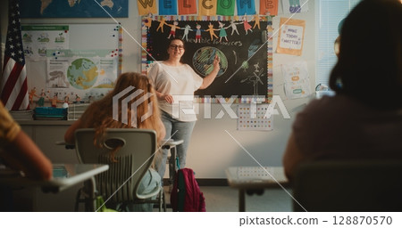 Female Teacher Conducting Lecture on Ecology to Primary School Children in Modern Classroom 128870570