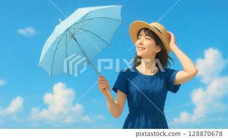 一位手持陽傘、頭戴草帽的女子 128870678