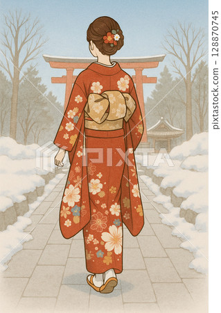 A woman in traditional Japanese clothing making her first visit to a shrine A woman in traditional Japanese clothing making her first visit to a shrine 128870745