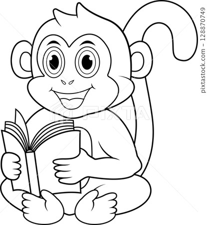Cute cartoon monkey reading book line art 128870749