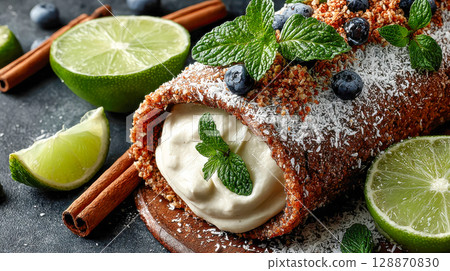 Close-up of a homemade dessert roll filled with cream and topped with coconut, mint, and blueberries, surrounded by lime wedges and cinnamon sticks Close-up of a homemade dessert roll filled with cream and topped with coconut, mint, and blueberries, surrounded by lime wedges and cinnamon sticks 128870830