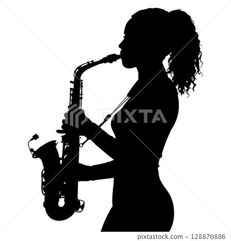 一位女音樂家演奏薩克斯風的剪影插圖 128870886