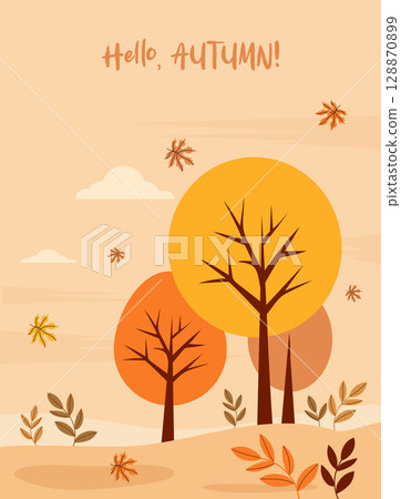 Hello Autumn. Autumnal landscape with trees and falling maple leaves poster. Minimal fall vertical background. Vector illustration. Perfect for seasonal banners. Not AI Hello Autumn. Autumnal landscape with trees and falling maple leaves poster. Minimal fall vertical background. Vector illustration. Perfect for seasonal banners. Not AI 128870899