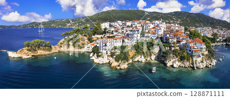Greece travel destination scenic places - Skiathos island, Sporades. Popular tourist attraction - tradiotional old town  128871111